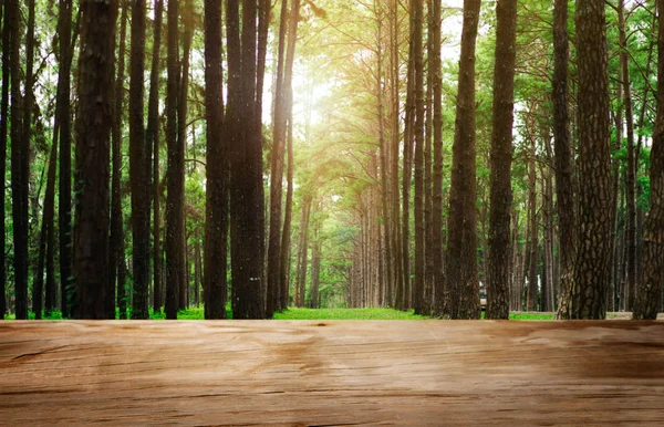 Mesa de madera marrón en la granja de verano paisaje verde . — Foto de Stock