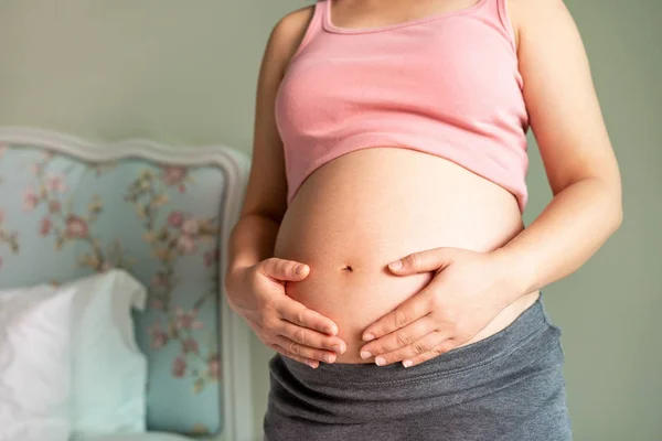 Mujer embarazada feliz y esperando un bebé en casa. — Foto de Stock