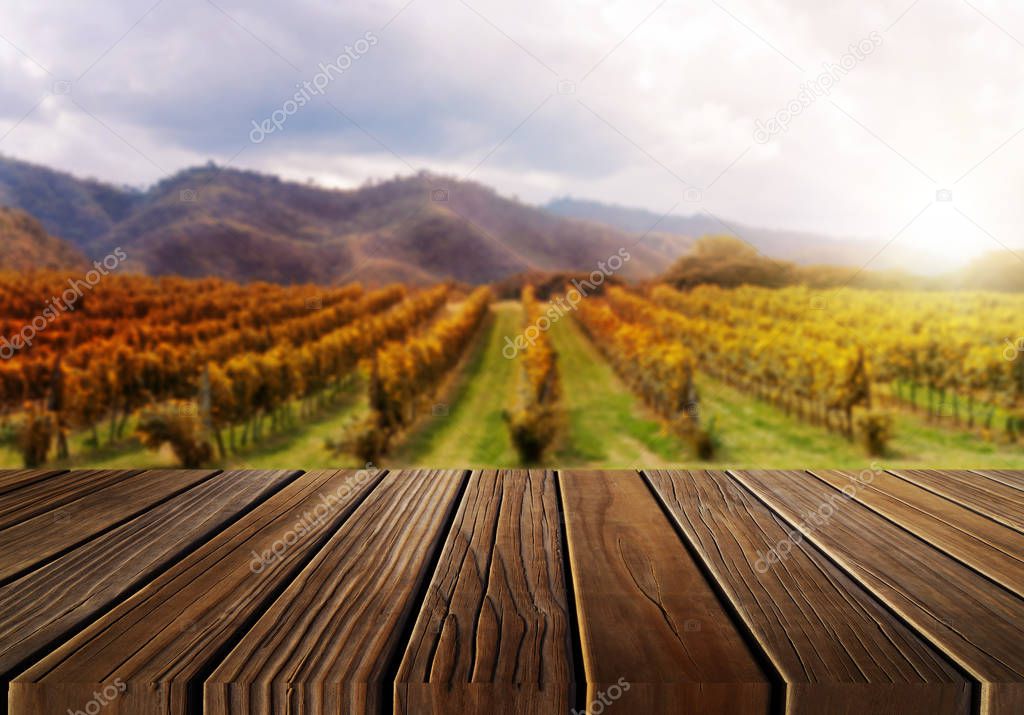 Wood table in autumn vineyard country landscape.