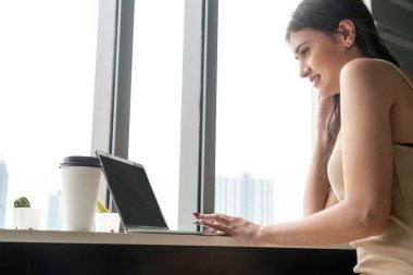 Kafede dizüstü bilgisayar kullanan iş kadını.