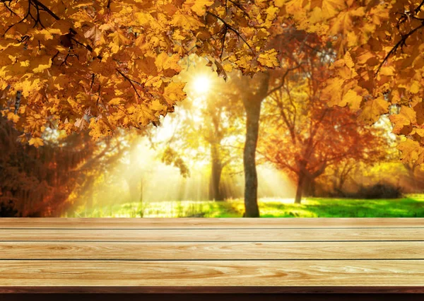 Mesa de madeira na paisagem de outono com espaço vazio . — Fotografia de Stock