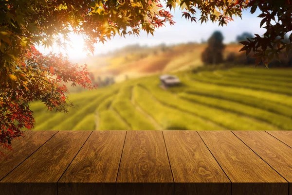 Drewniany stół w jesiennym krajobrazie z pustą przestrzenią. — Zdjęcie stockowe