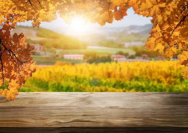 Wood table in autumn vineyard country landscape. — Stock Photo, Image