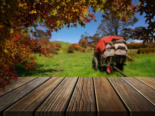 Mesa de madeira na paisagem de outono com espaço vazio . — Fotografia de Stock