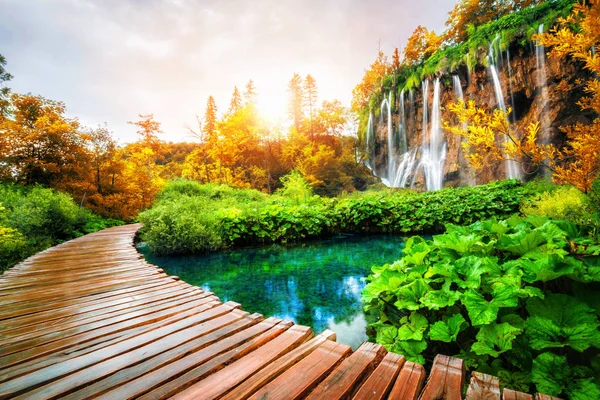 크로아티아 플리트비체 호수의 아름다운 나무 길. — 스톡 사진