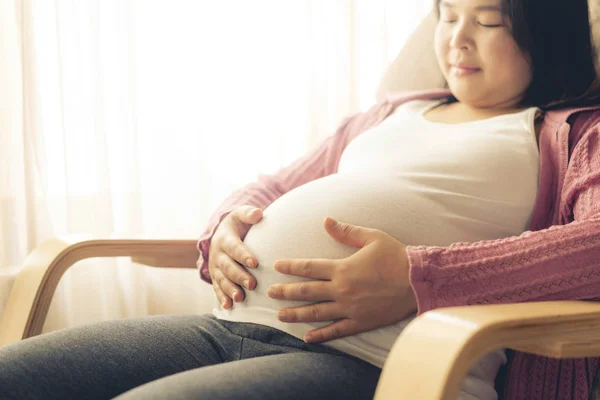 Pregnant woman feeling happy at home while taking care of child. Young expecting mother holding baby in pregnant belly. Maternity prenatal care and woman pregnancy concept.