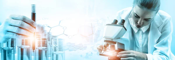 Research Development Concept Double Exposure Image Scientific Medical Lab Instruments — Stock Photo, Image