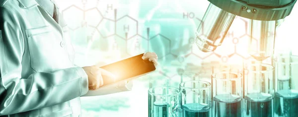 Concepto Investigación Desarrollo Imagen Doble Exposición Instrumentos Laboratorio Científicos Médicos —  Fotos de Stock