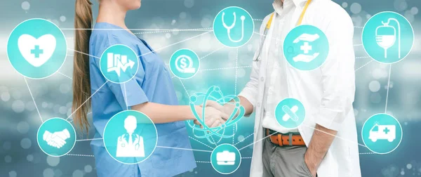 Egészségbiztosítási Concept Doktor Kórházban Egészségbiztosítással Kapcsolatos Grafikus Ikonok Interfész Mutatja — Stock Fotó