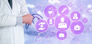 Tıbbi Sağlık Kavramı - Dijital tıbbi simgeler, tıbbi bakım insanlar, acil servis ağı, hasta sağlığı doktor verileri ile hastanede Doktor.
