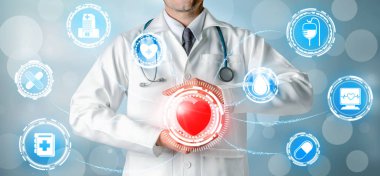 Tıbbi Sağlık Kavramı , Doktor dijital tıbbi simgeler ile hastanede grafik afiş tıp sembolü gösteren, tıbbi bakım insanlar, acil servis ağı, hasta sağlığı doktor verileri.