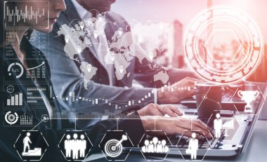 İş ve Finans Konsepti Veri Analizi. Kâr analitiği, çevrimiçi pazarlama araştırması ve dijital iş stratejisi için bilgi raporunun gelecekteki bilgisayar teknolojisini gösteren grafik arayüzü.