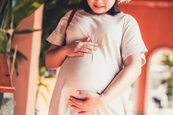 妊娠中の女性は 子供の世話をしながら庭で幸せを感じています 妊娠中の腹に赤ちゃんを抱いている若い期待の母親 出産前ケアと女性妊娠概念 — ストック写真
