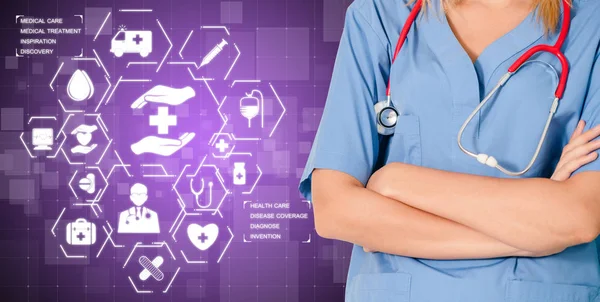 Medical Healthcare Concept Doctor Het Ziekenhuis Met Digitale Medische Iconen — Stockfoto