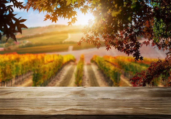 Brown Wooden Table Autumn Vineyard Landscape Copy Space — Stock Photo, Image