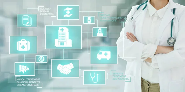 Medical Healthcare Concept - Doctor in hospital with digital medical icons, medical care people, emergency service network, doctor data of patient health.
