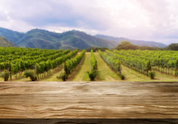 Bruine Houten Tafel Groene Lente Wijngaard Landschap Met Kopieer Ruimte — Stockfoto