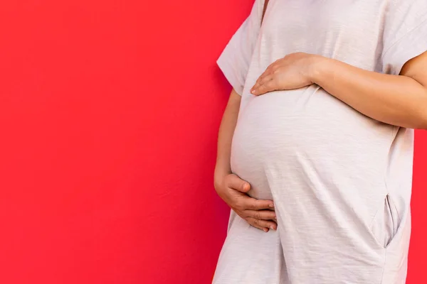 Mujer Embarazada Sintiéndose Feliz Casa Mientras Cuida Hijo Joven Madre — Foto de Stock