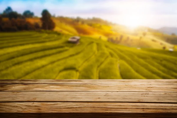 Wooden Table Autumn Landscape Copy Space — Stock Photo, Image