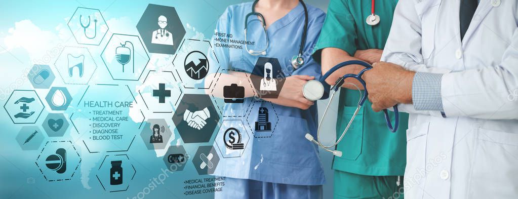 Medical Healthcare Concept. Doctor in hospital with digital medical icons graphic banner showing symbol of medicine, medical care people, emergency service network, doctor data of patient health.