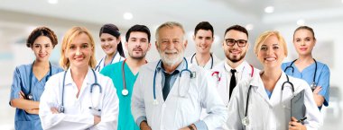 Healthcare people group. Professional doctor working in hospital office or clinic with other doctors, nurse and surgeon. Medical technology research institute and doctor staff service concept. clipart