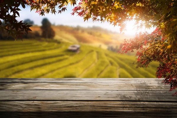 Mesa de madera en otoño paisaje con espacio vacío . — Foto de Stock