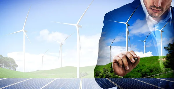 Wind turbine double exposure graphic interface. — Stock Photo, Image