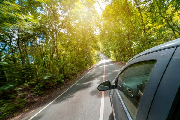 Orman karayolunda yolda araba sürme yan görünümü — Stok fotoğraf