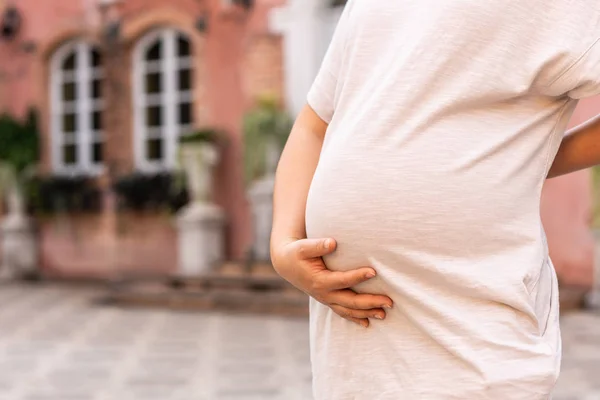 Mujer embarazada feliz y esperando un bebé en casa. — Foto de Stock