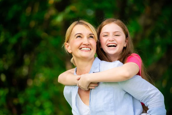 Relaxed Happy Mother Little Kid Daughter Outdoors Public Park Parenthood — Stock Photo, Image