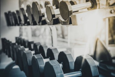 Fitness merkezinde rafta Dumbbells.