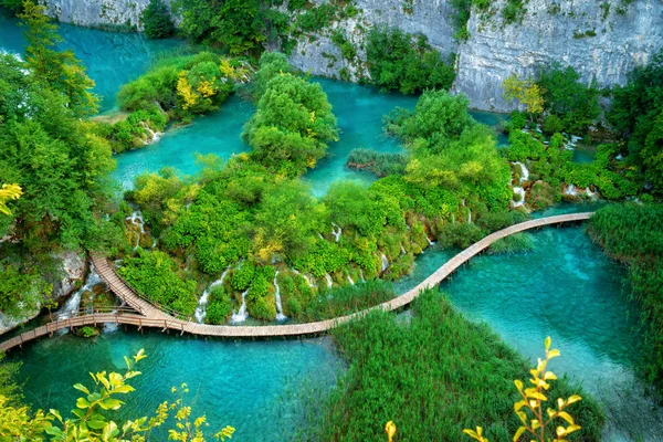 美丽的木制路径在普利特维察湖， 克罗地亚. — 图库照片