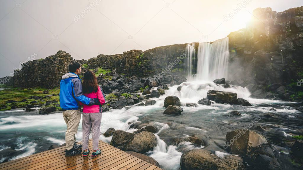 Travelers travel to Oxararfoss Waterfall, Iceland