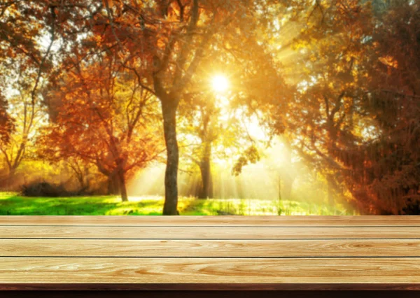 Drewniany stół w jesiennym krajobrazie z pustą przestrzenią. — Zdjęcie stockowe