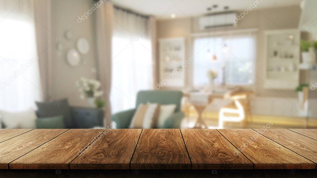 Wood table in modern home room decoration.