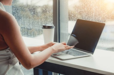 Kafede dizüstü bilgisayar kullanan iş kadını.