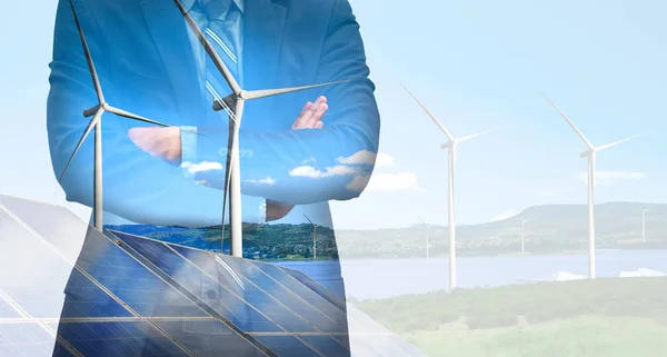 Wind turbine double exposure graphic interface. — Stock Photo, Image