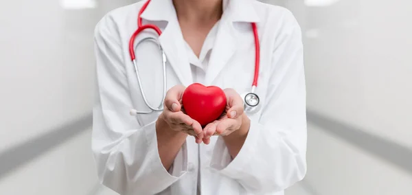 Doctor sosteniendo un corazón rojo en la oficina del hospital . — Foto de Stock