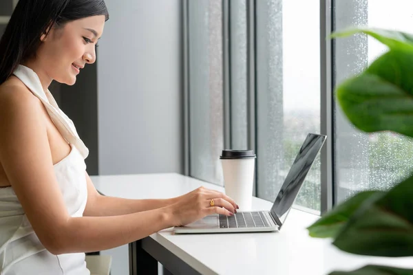 Donna d'affari utilizzando il computer portatile al caffè . — Foto Stock