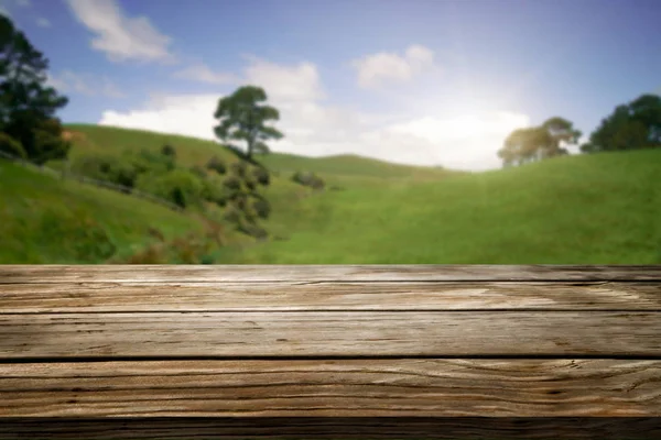 Brown wood table in summer farm green landscape. — Stock Photo, Image