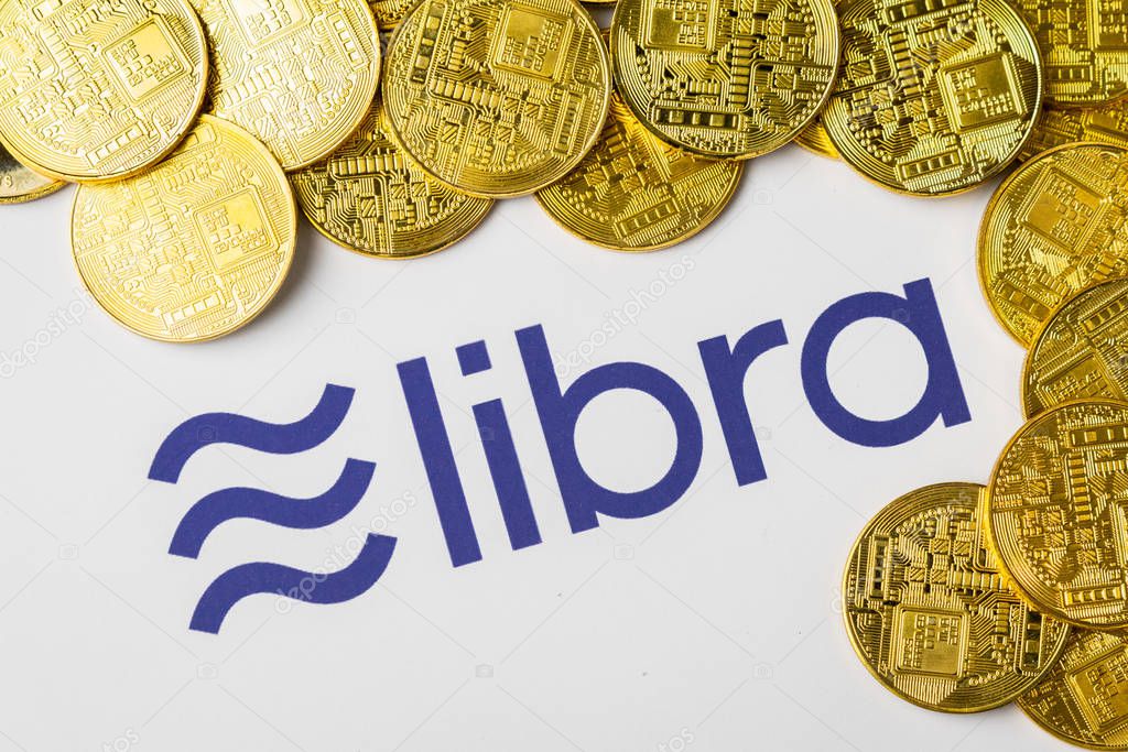 Bangkok, Thailand - July 2, 2019: Libra logo is printed on white paper. Facebook reported to utilize new cryptocurrency called Libra. Libra was reported to be used for purchases in Facebook and other.
