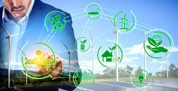 Wind turbine double exposure graphic interface. — Stock Photo, Image