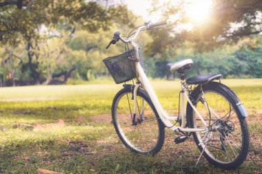 Yaz aylarında kamu parkta beyaz bisiklet.