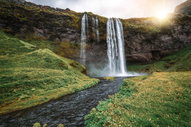 İzlanda 'da Sihirli Seljalandsfoss Şelalesi.