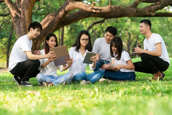 Команда молодых студентов, обучающихся в парке . — стоковое фото