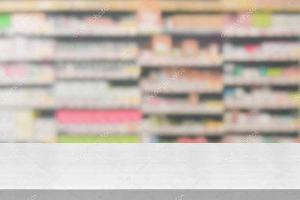Wood table in pharmacy or drugstore background.