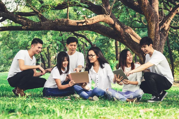 Team of young students studying in the park.