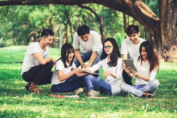 Equipe de jovens estudantes que estudam no parque . — Fotografia de Stock