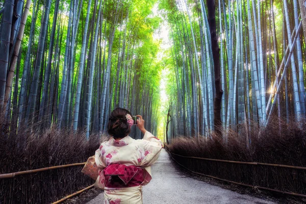 Traveler in Bamboo Forest Grove, Kyoto, Japan