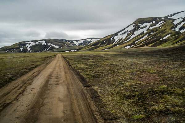 Road to Landmanalaugar on highlands of Iceland.